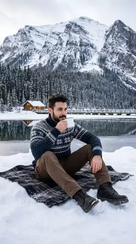 Thoughtful winter moment at a frozen lake