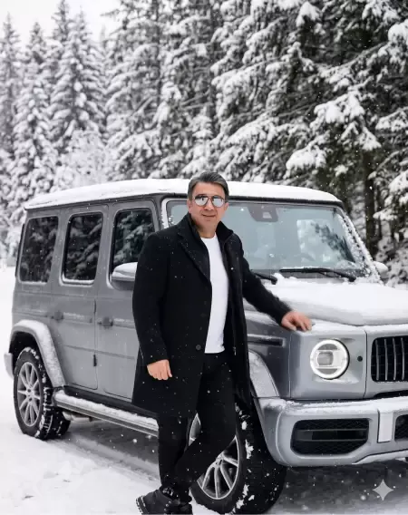 Snowy G-Wagen winter fashion portrait