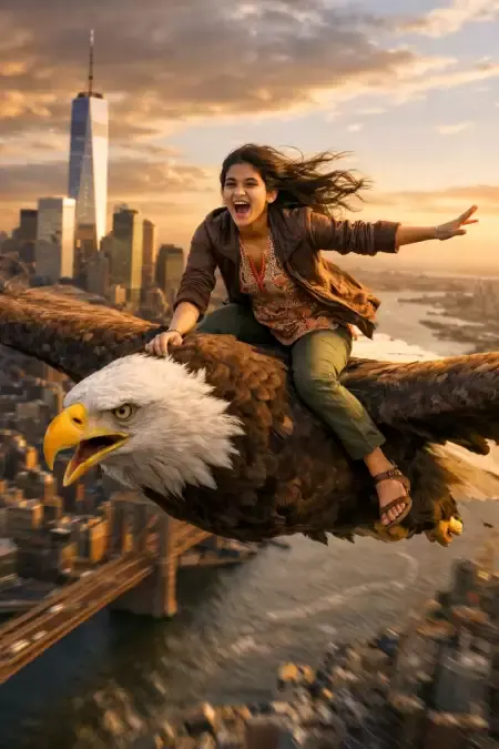 Woman riding giant eagle over NYC