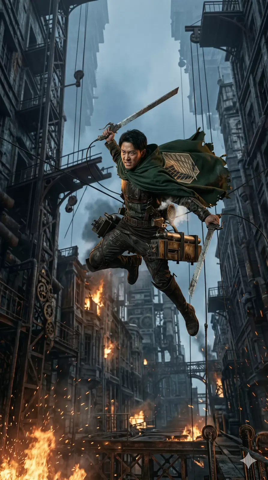 Steampunk Swordsman Action in Ruined City