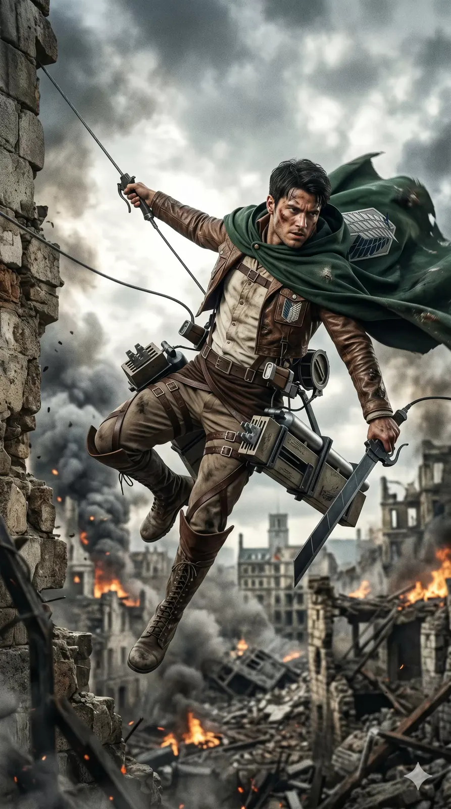 Soldier in Mid Air Battle Scene