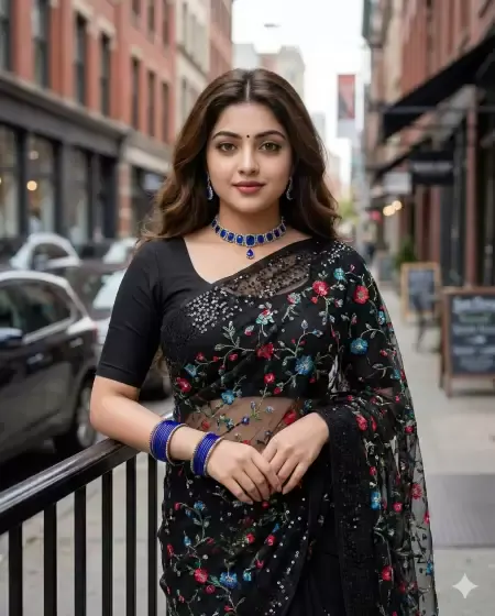 Siyah Sari Floral Embroidery